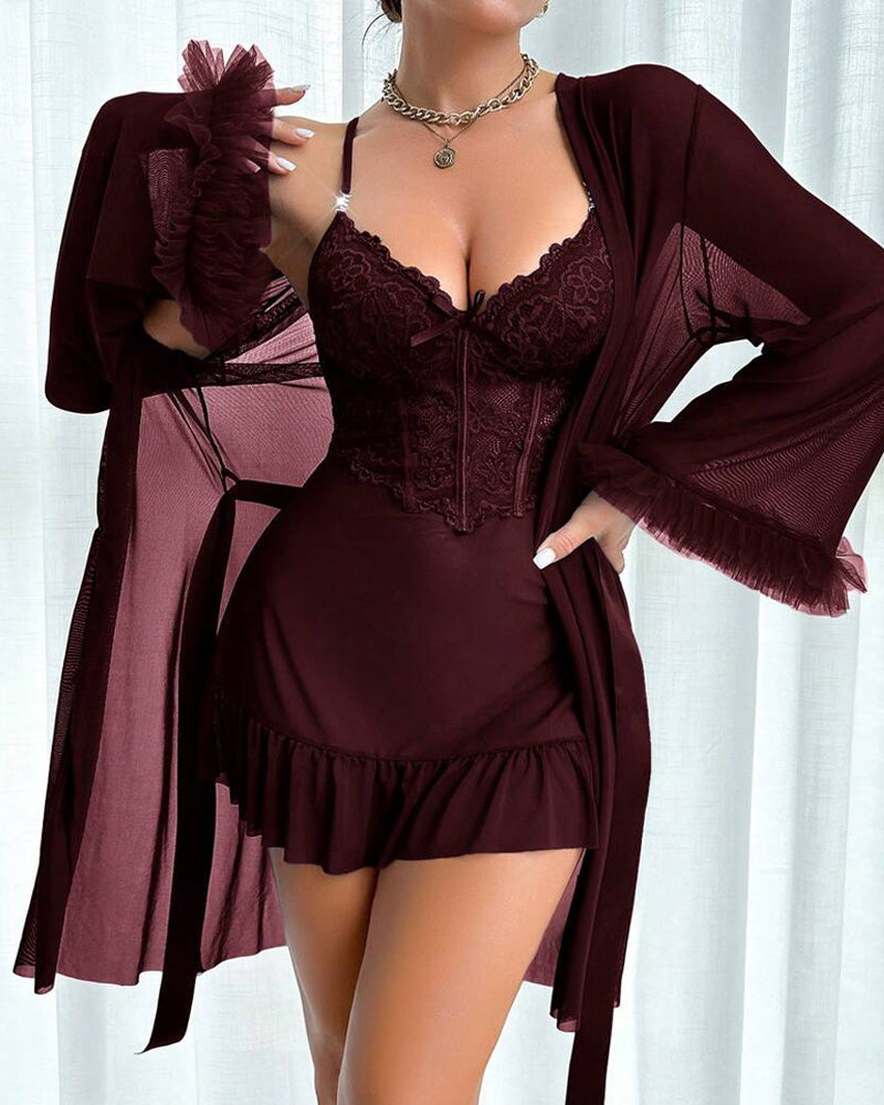 Lace Mesh See-through Nightgown Set