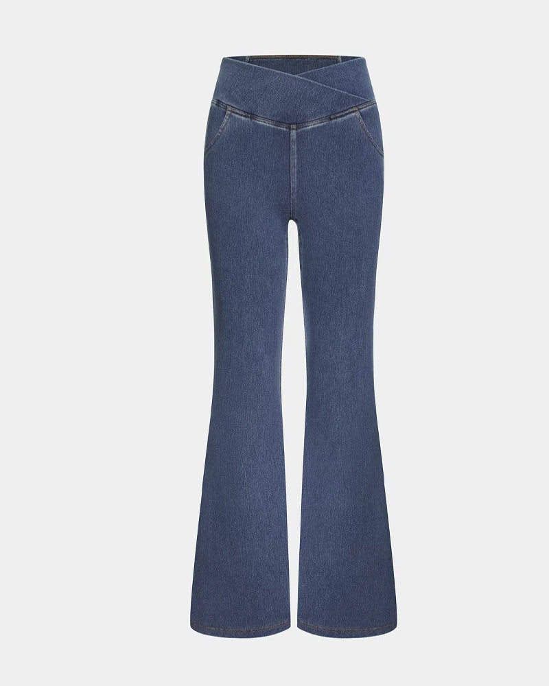 High-waisted Cross-pocket Stretch Flared Washed Casual Jeans