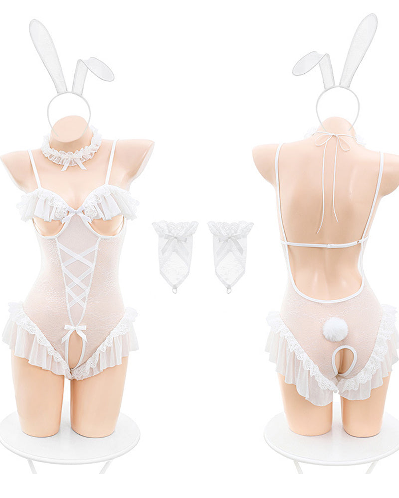 Bunny Girl Open Crotch See-through Lace Bodysuit Set
