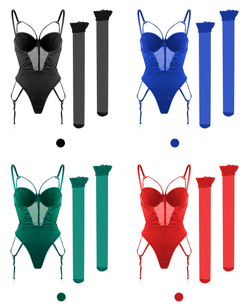 Hollow Backless Mesh Push-up Bra Bodysuit with Stockings Set