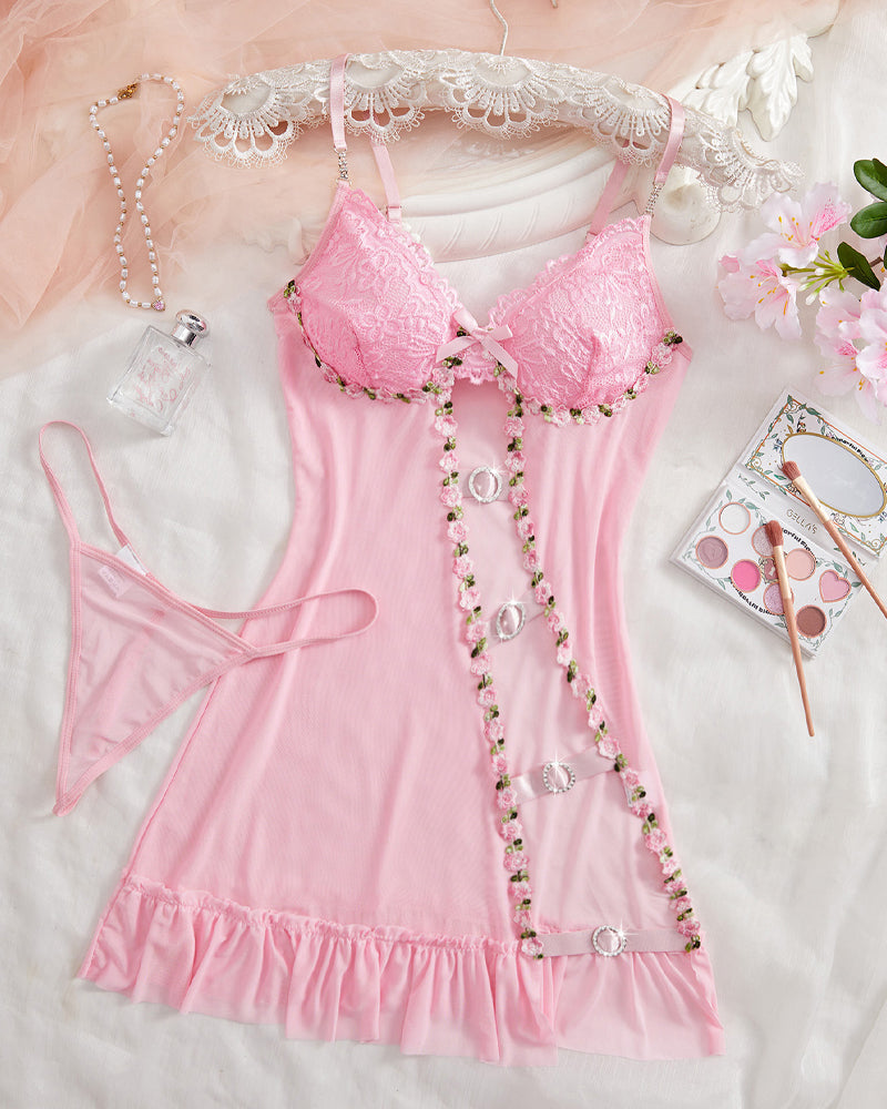 Deep V Lace Sheer Hollow Strap Nightdress