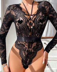 Deep V Mesh Transparent Backless Hollow Long-sleeved Open Crotch One-piece Pajamas