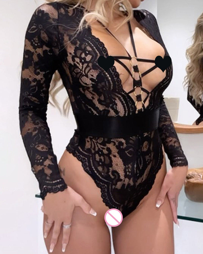 Deep V Mesh Transparent Backless Hollow Long-sleeved Open Crotch One-piece Pajamas
