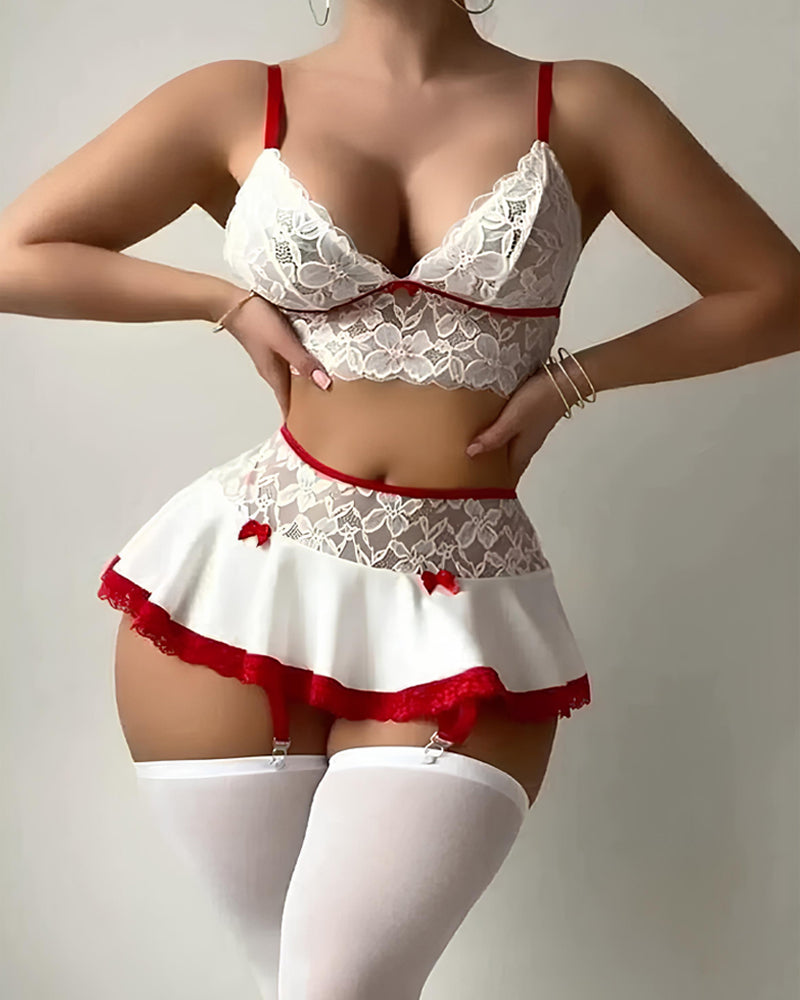 Deep V Lace Milk Silk Splicing with Stockings Pajamas Set
