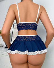 Deep V Lace Milk Silk Splicing with Stockings Pajamas Set