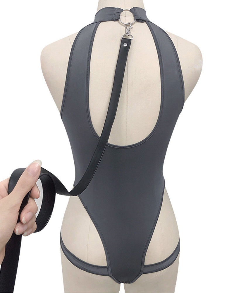 Halterneck Open-crotch Bodysuit with Stockings and Leash