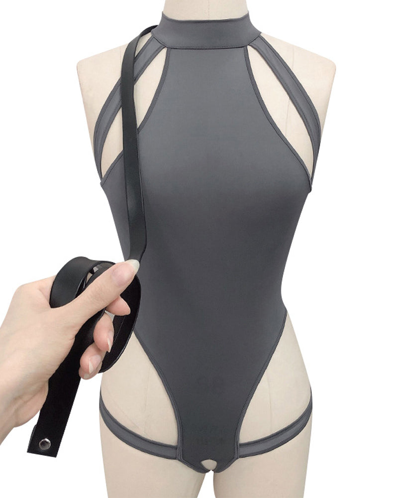 Halterneck Open-crotch Bodysuit with Stockings and Leash