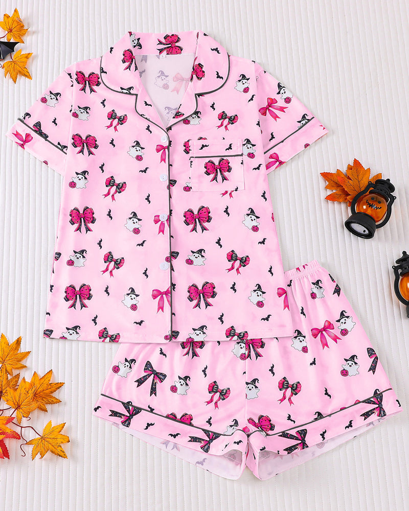 Casual Halloween Print Lapel Short-Sleeved Shorts Homewear Set