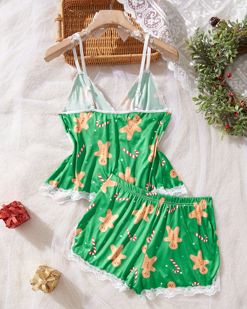 Halloween Print Lace Suspender and Shorts Loungewear Set
