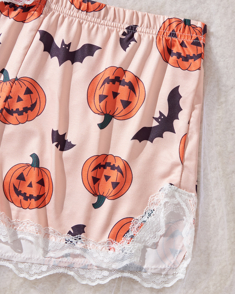 Halloween Print Lace Suspender and Shorts Loungewear Set