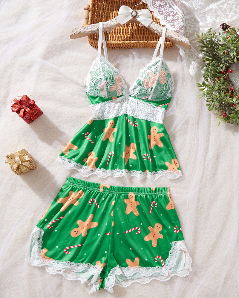 Halloween Print Lace Suspender and Shorts Loungewear Set