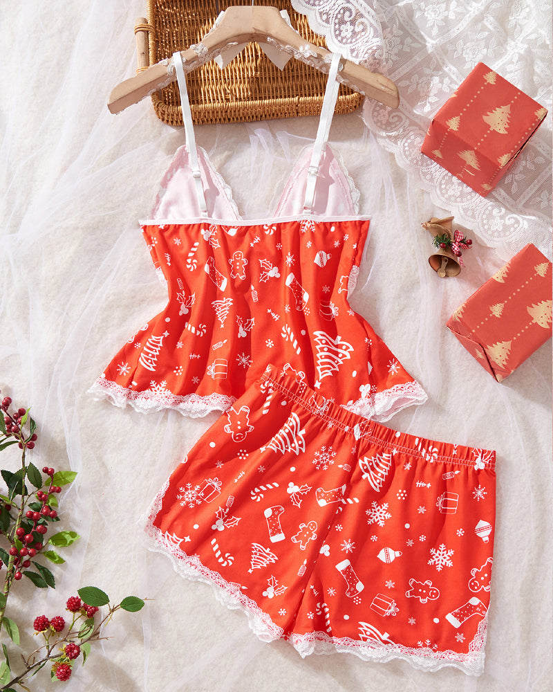 Halloween Print Lace Suspender and Shorts Loungewear Set