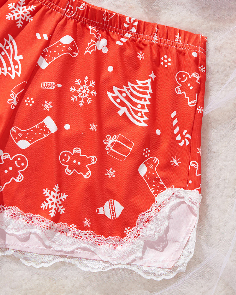 Halloween Print Lace Suspender and Shorts Loungewear Set