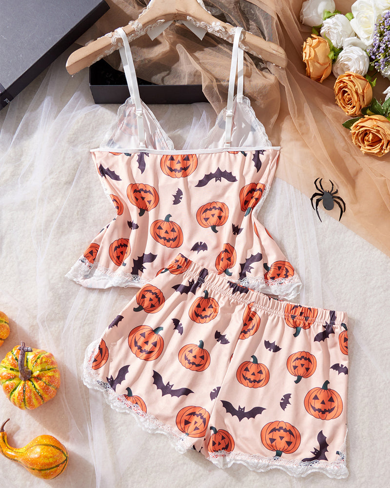Halloween Print Lace Suspender and Shorts Loungewear Set