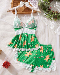 Halloween Print Lace Suspender and Shorts Loungewear Set
