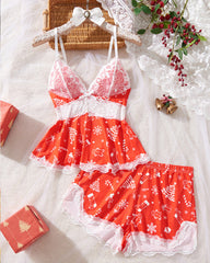 Halloween Print Lace Suspender and Shorts Loungewear Set
