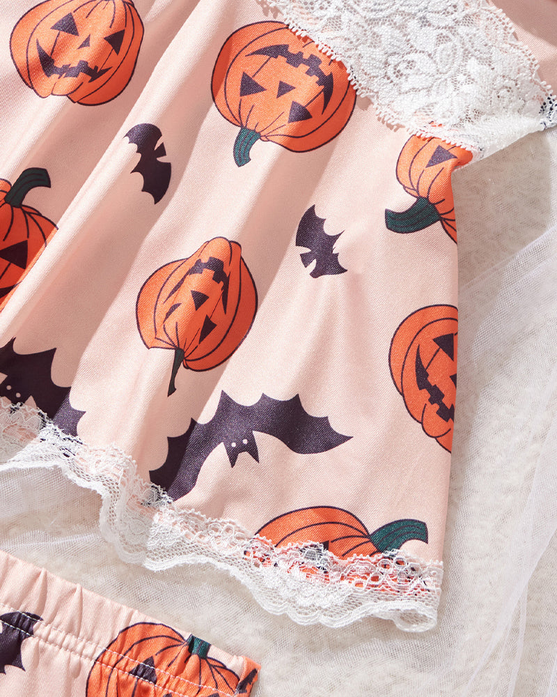 Halloween Print Lace Suspender and Shorts Loungewear Set