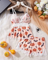 Halloween Print Lace Suspender and Shorts Loungewear Set