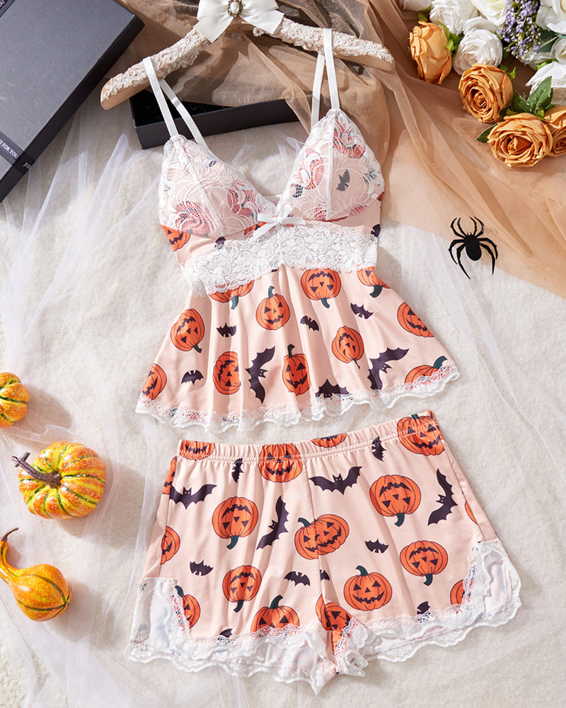 Halloween Print Lace Suspender and Shorts Loungewear Set
