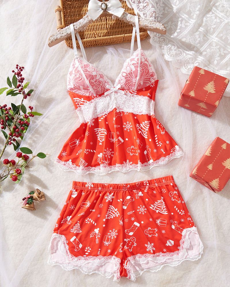 Halloween Print Lace Suspender and Shorts Loungewear Set