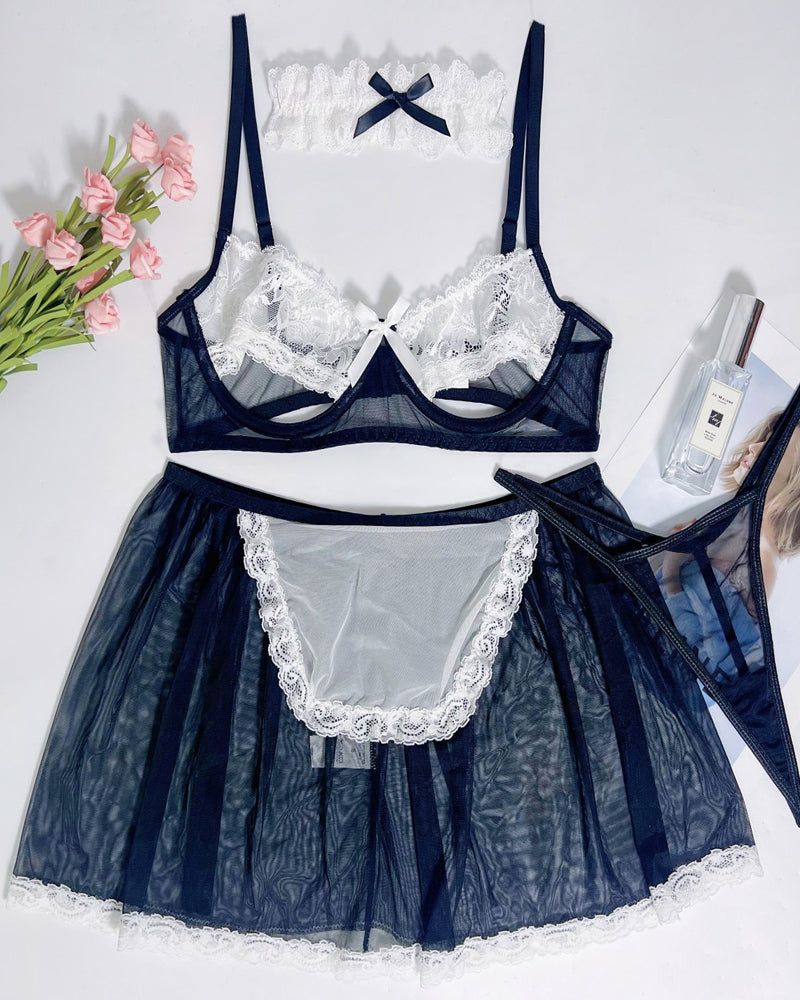 Lace Mesh Stitching See-through Maid Uniform Suit