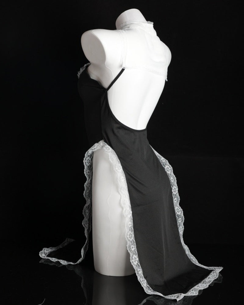 Halloween Nun Costume Role Play Hollow Slit Long Dress with Stockings Set