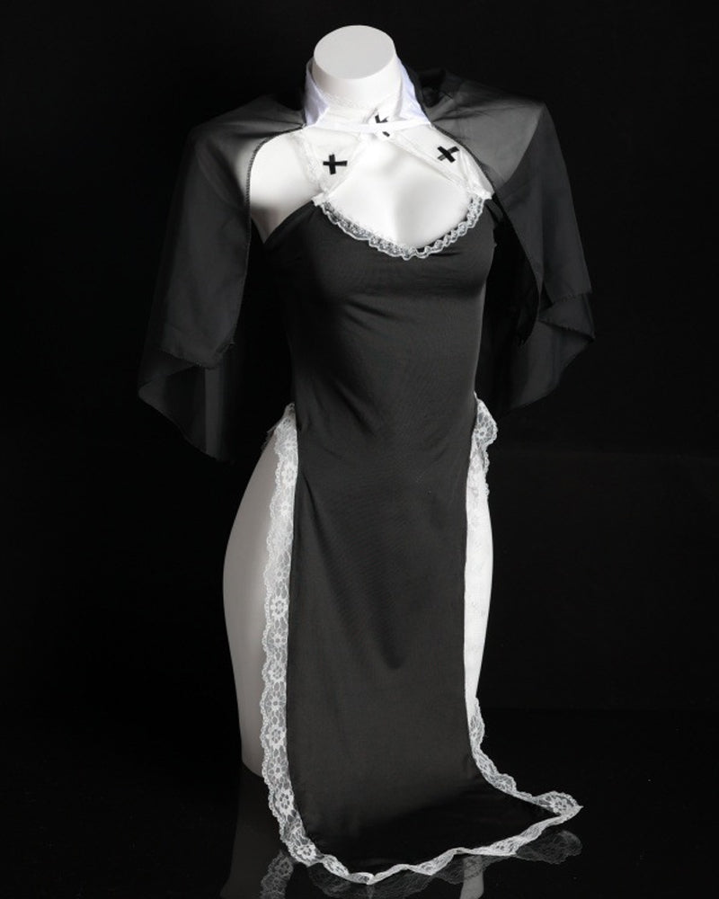 Halloween Nun Costume Role Play Hollow Slit Long Dress with Stockings Set