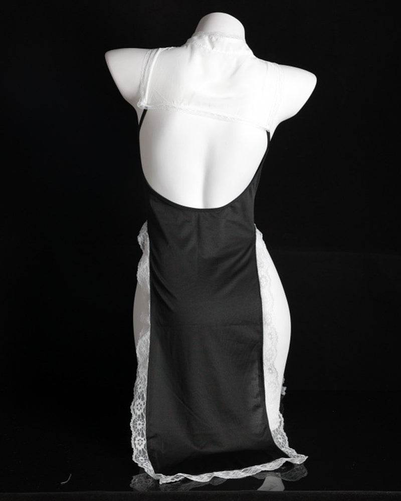 Halloween Nun Costume Role Play Hollow Slit Long Dress with Stockings Set