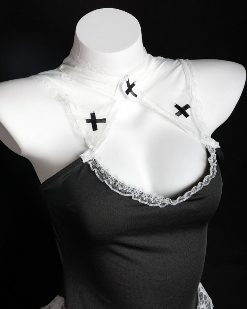 Halloween Nun Costume Role Play Hollow Slit Long Dress with Stockings Set