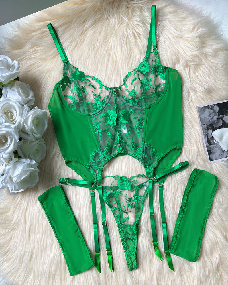 Mesh Flower Embroidered See-through Suit