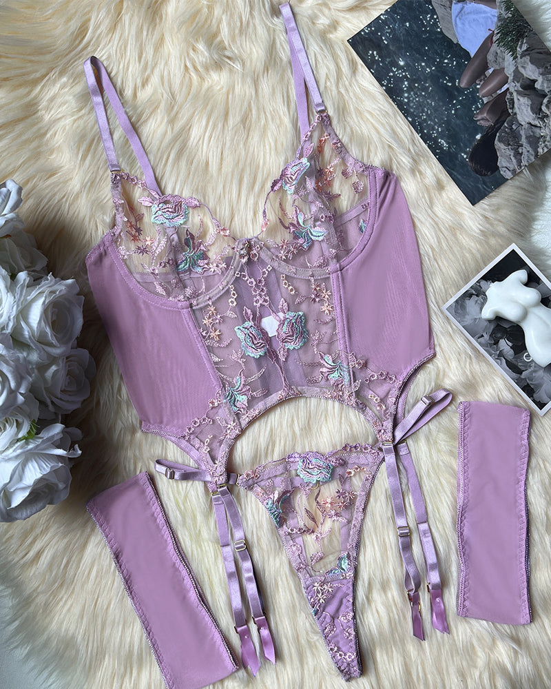 Mesh Flower Embroidered See-through Suit