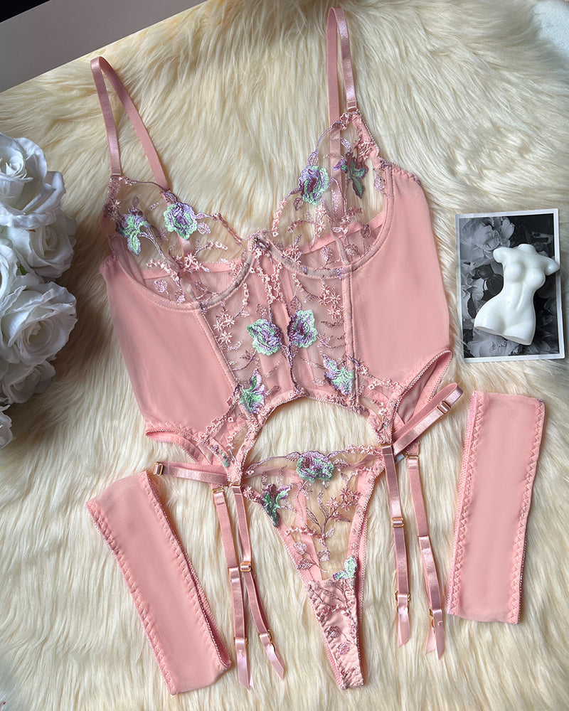 Mesh Flower Embroidered See-through Suit