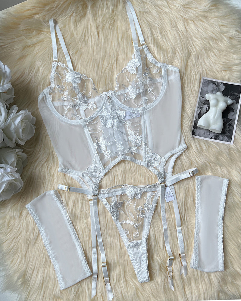 Mesh Flower Embroidered See-through Suit