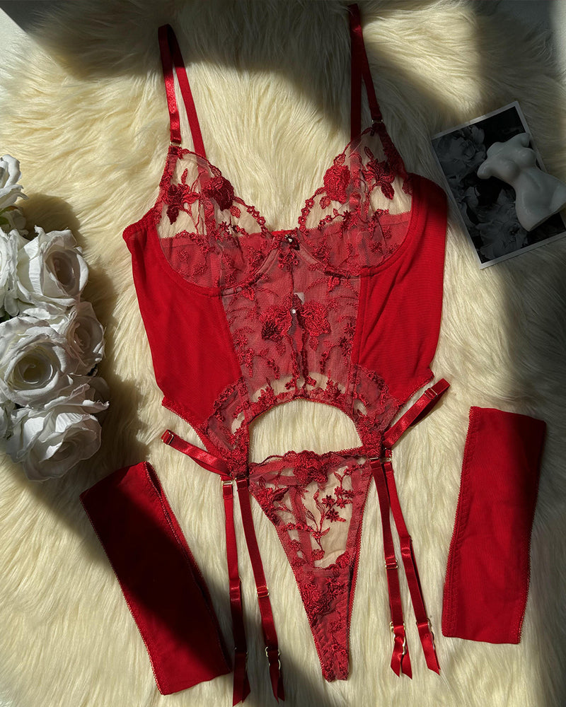 Mesh Flower Embroidered See-through Suit