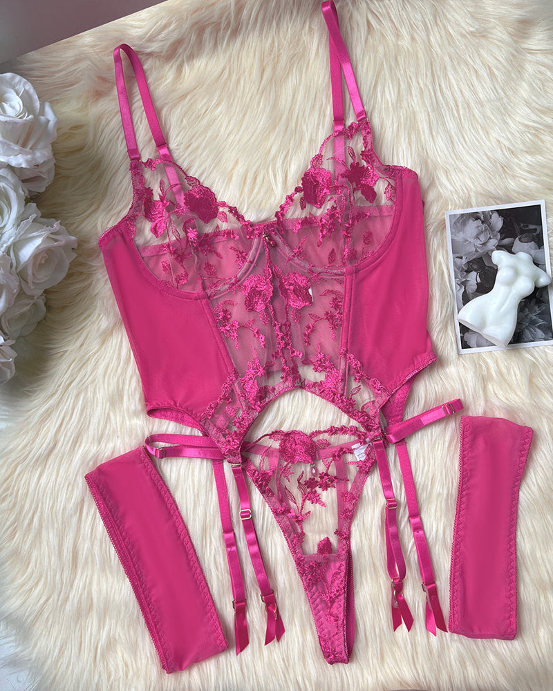 Mesh Flower Embroidered See-through Suit