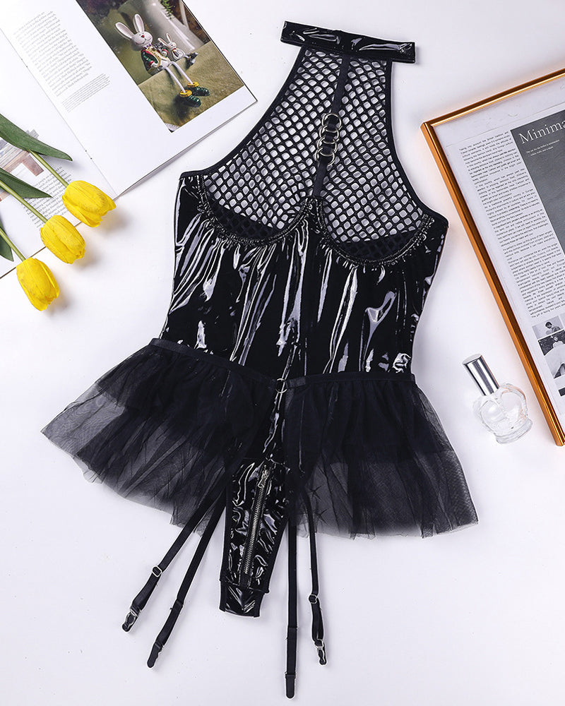 PU Patent Leather Halter Neck Hollow Mesh Skirt with Crotch Zipper Bodysuit