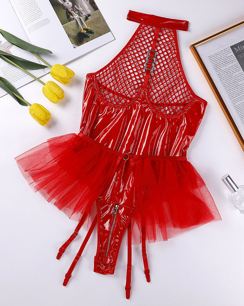 PU Patent Leather Halter Neck Hollow Mesh Skirt with Crotch Zipper Bodysuit