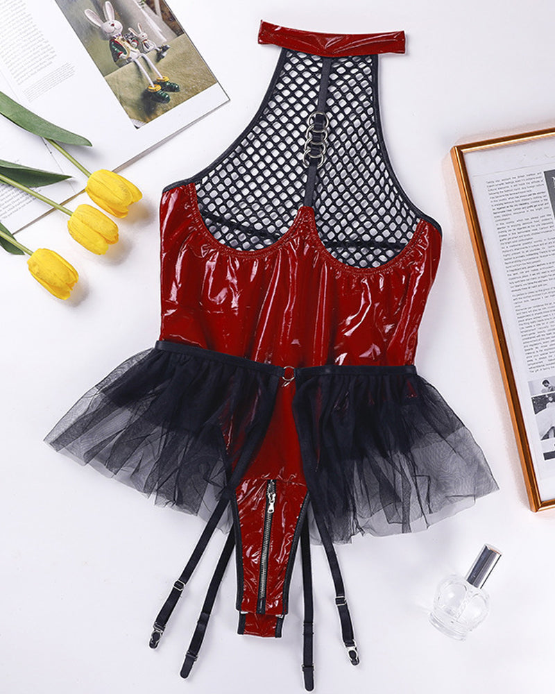 PU Patent Leather Halter Neck Hollow Mesh Skirt with Crotch Zipper Bodysuit