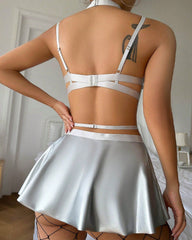 Solid Color Leather Lingerie Set with Stockings and Choker