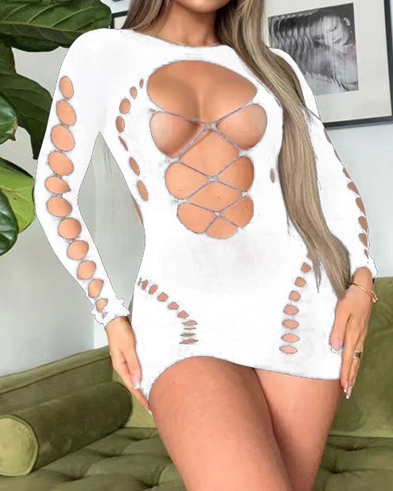 Fishnet Long-sleeved Backless Hollow Stretch Hip Dress