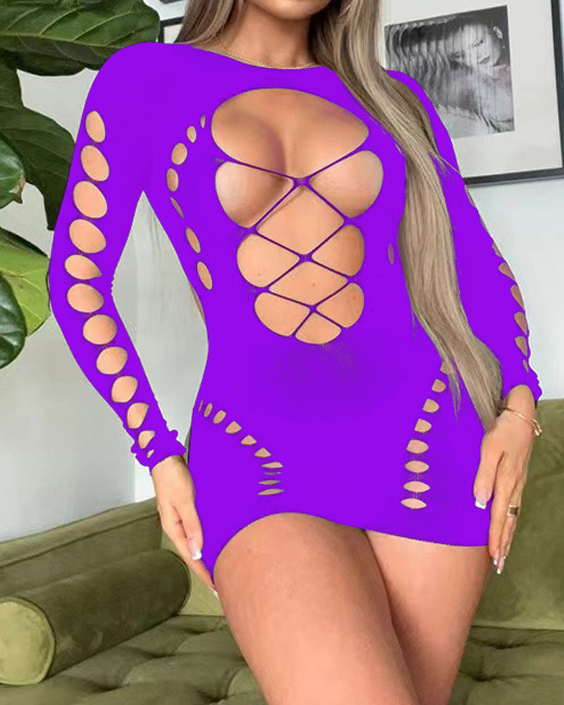 Fishnet Long-sleeved Backless Hollow Stretch Hip Dress