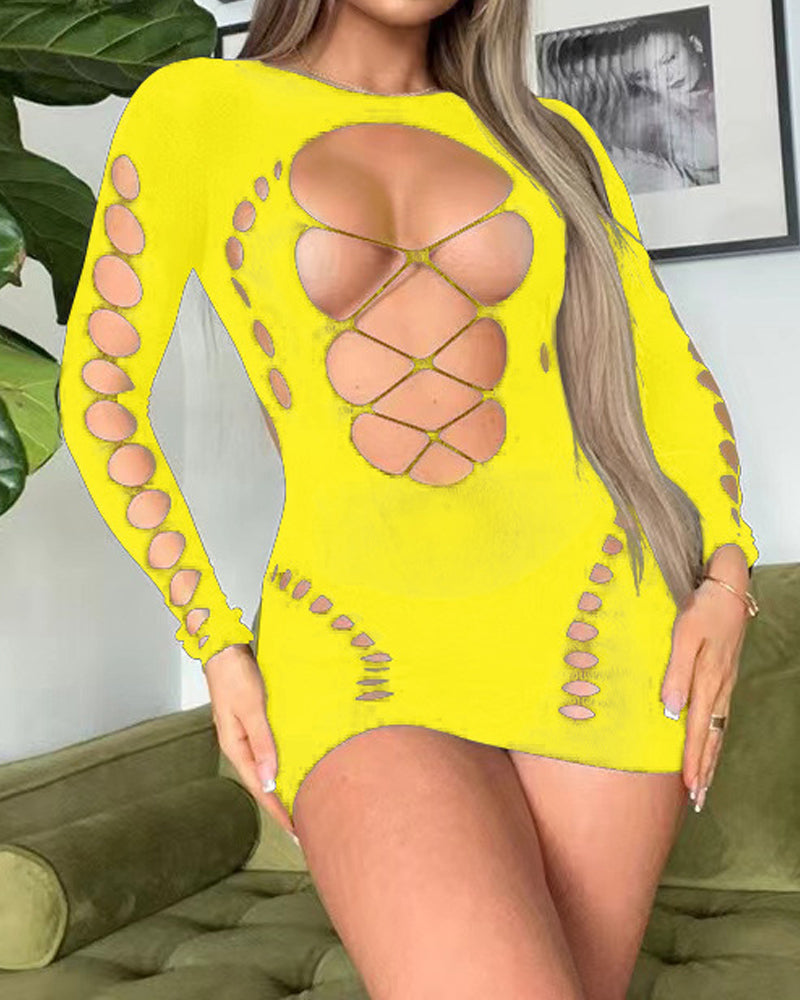Fishnet Long-sleeved Backless Hollow Stretch Hip Dress