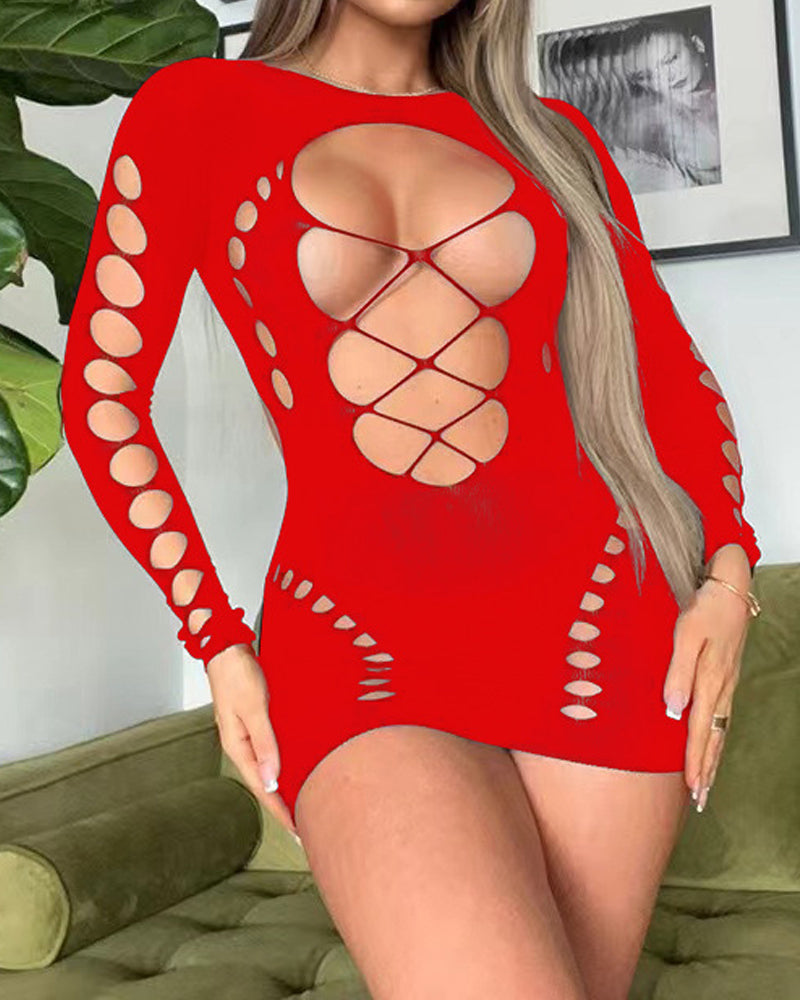 Fishnet Long-sleeved Backless Hollow Stretch Hip Dress