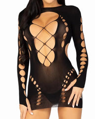 Fishnet Long-sleeved Backless Hollow Stretch Hip Dress