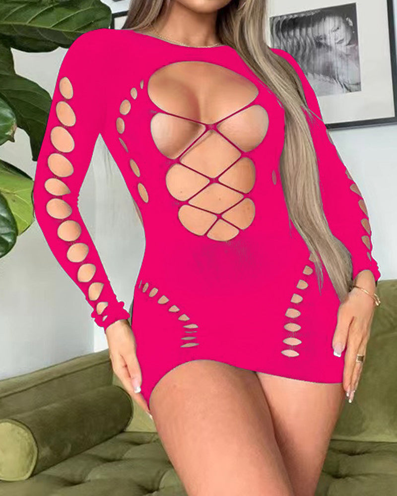Fishnet Long-sleeved Backless Hollow Stretch Hip Dress