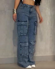 Multi-Pocket Diamond Casual Straight-Leg Jeans