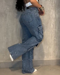 Multi-Pocket Diamond Casual Straight-Leg Jeans