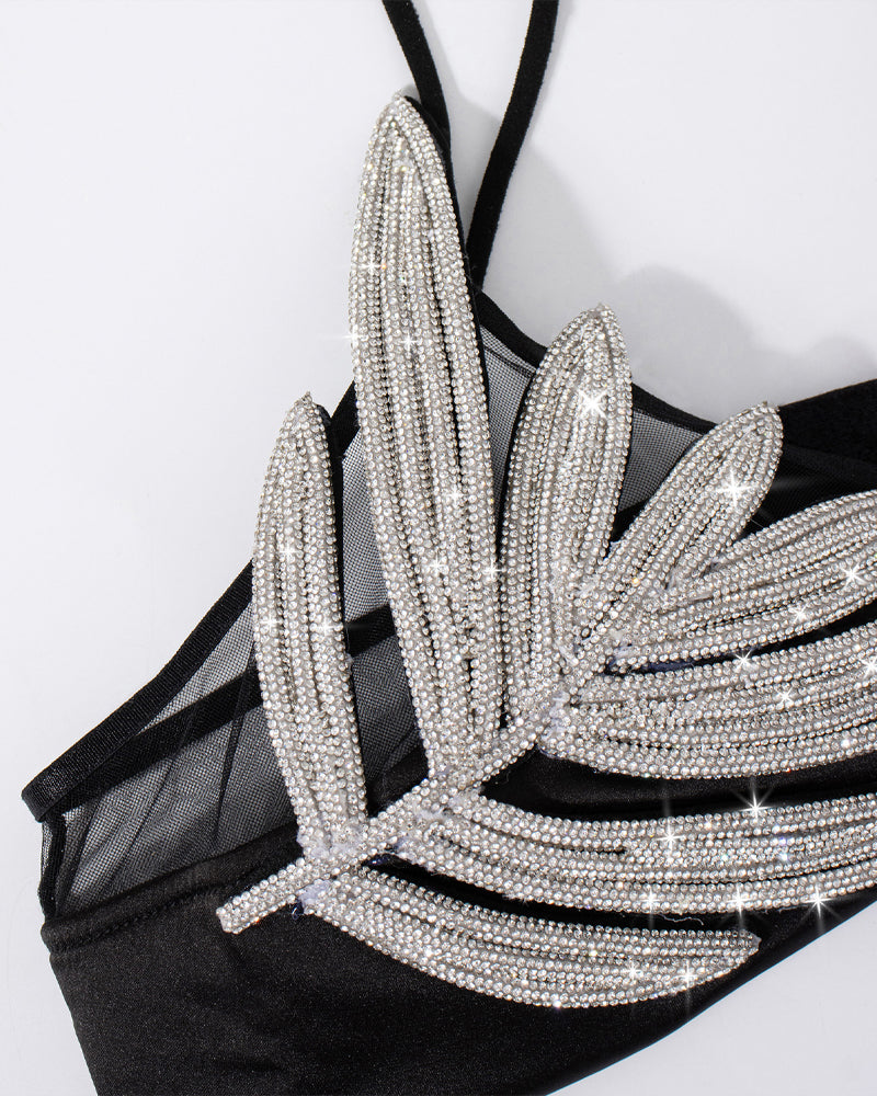 Silver Rhinestone Mesh Backless Camisole Bra