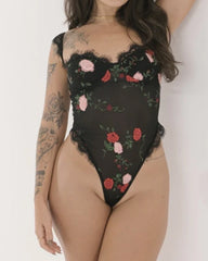 Lace Mesh Flower Embroidered Bodysuit