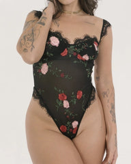 Lace Mesh Flower Embroidered Bodysuit